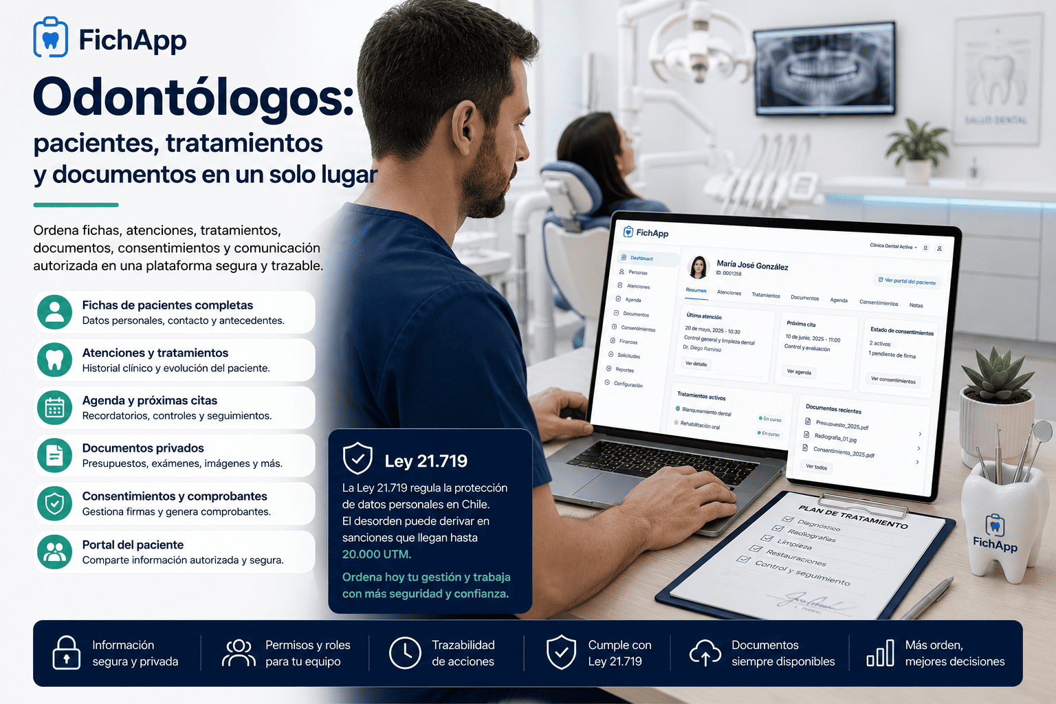 Odontólogo usando una plataforma segura para ordenar pacientes, tratamientos, documentos y consentimientos