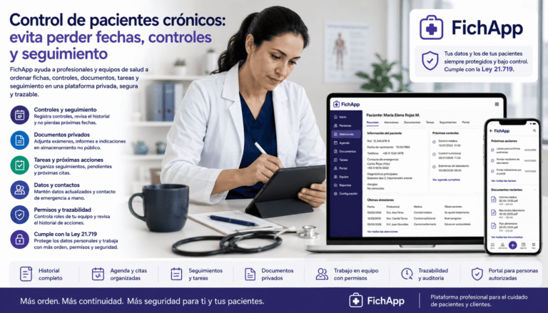 Profesional de salud usando una plataforma segura para controlar fechas, documentos, tareas y seguimiento de pacientes crónicos
