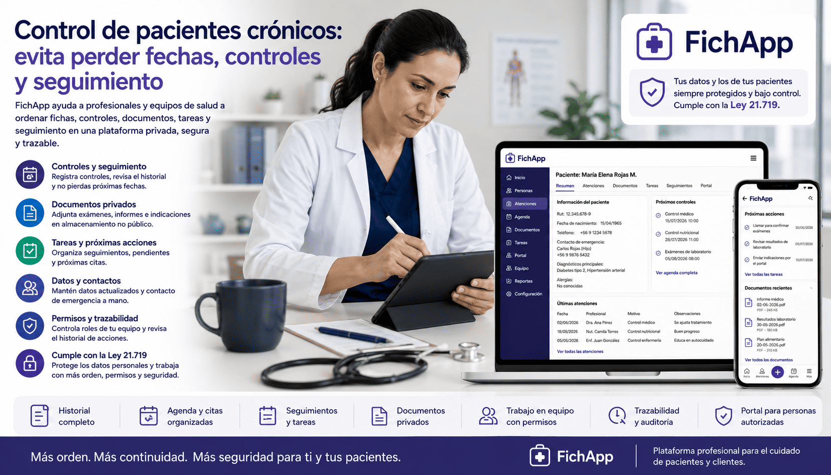 Profesional de salud usando una plataforma segura para controlar fechas, documentos, tareas y seguimiento de pacientes crónicos
