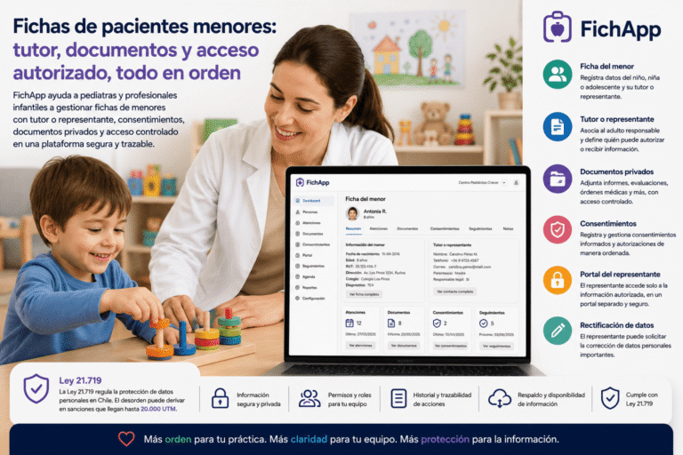 Profesional infantil usando una plataforma segura para gestionar fichas de pacientes menores con tutor, documentos y consentimientos