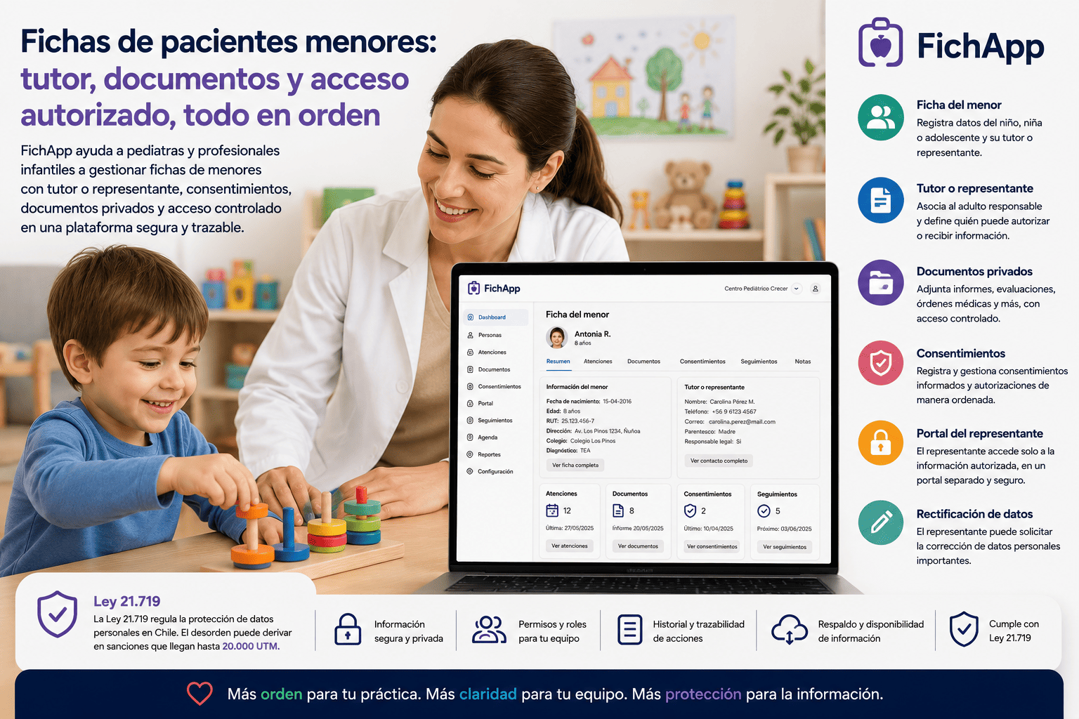 Profesional infantil usando una plataforma segura para gestionar fichas de pacientes menores con tutor, documentos y consentimientos