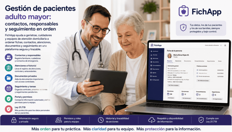 Geriatra usando una plataforma segura para ordenar contactos, responsables, documentos y seguimiento de pacientes adulto mayor
