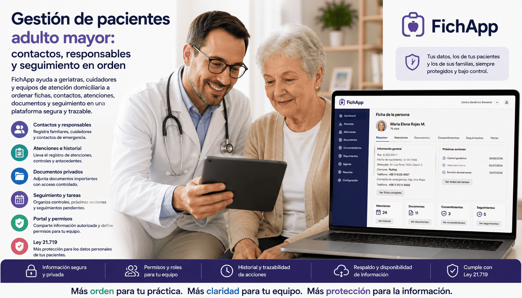 Geriatra usando una plataforma segura para ordenar contactos, responsables, documentos y seguimiento de pacientes adulto mayor