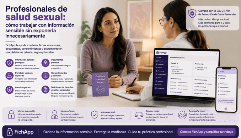 Profesional de salud sexual usando una plataforma segura para proteger información sensible, documentos y consentimientos