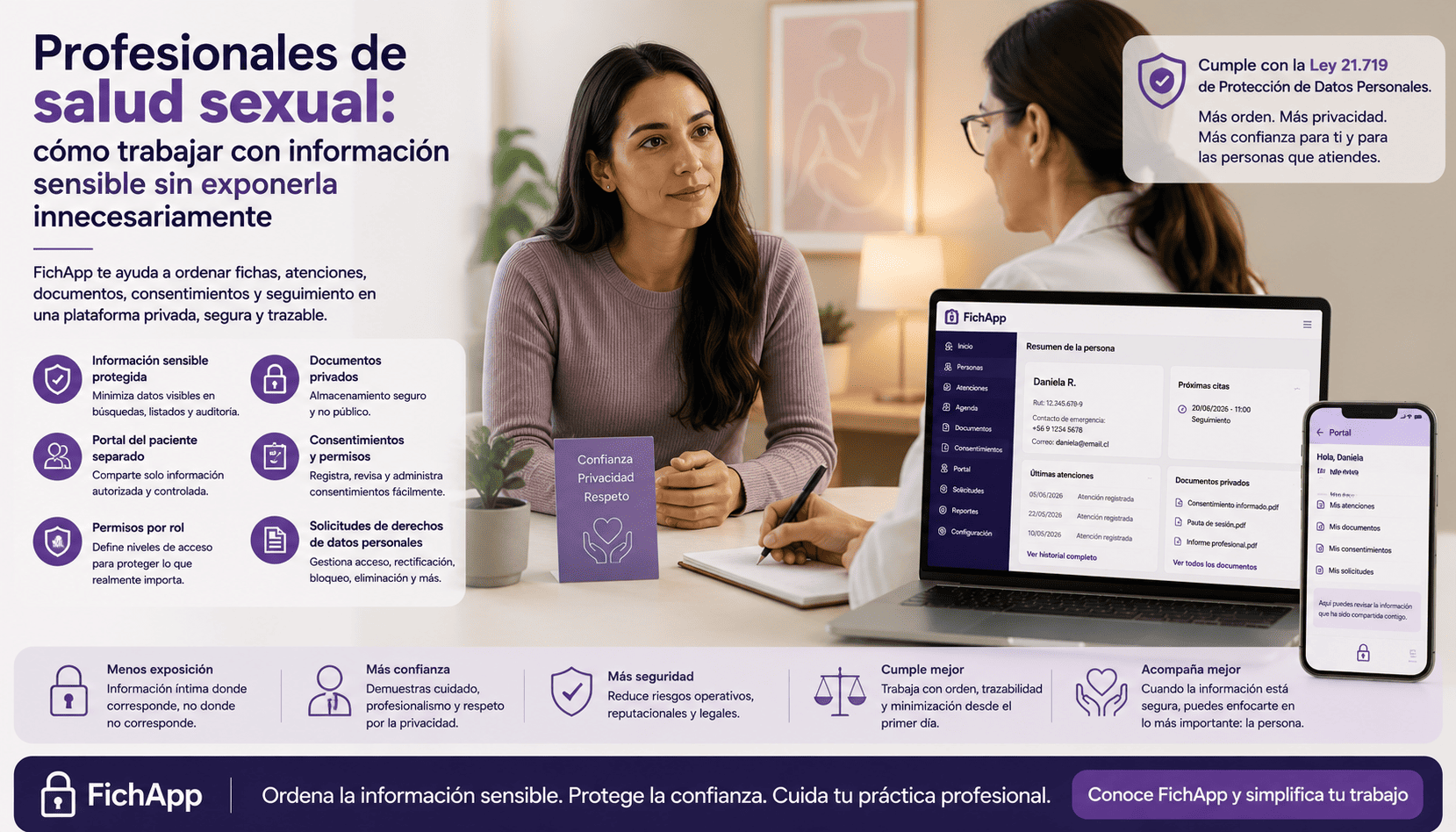 Profesional de salud sexual usando una plataforma segura para proteger información sensible, documentos y consentimientos