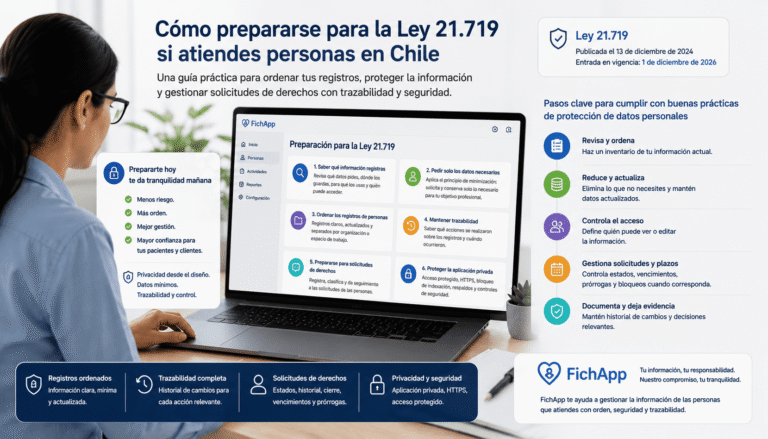 Profesional revisando una guía de preparación para la Ley 21.719 en una plataforma segura y trazable