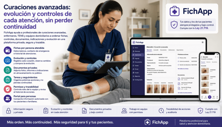 Enfermera usando una plataforma segura para registrar curaciones avanzadas, evolución, documentos y seguimiento de pacientes