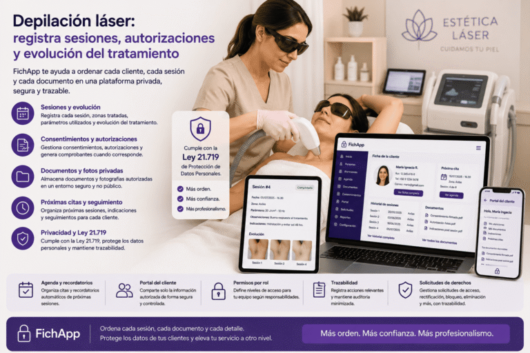 Profesional de depilación láser usando una plataforma segura para registrar sesiones, autorizaciones, documentos y evolución del tratamiento