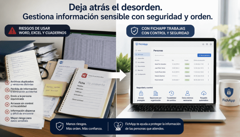 Comparación entre registros desordenados en Word, Excel y cuadernos frente a una plataforma segura para información sensible