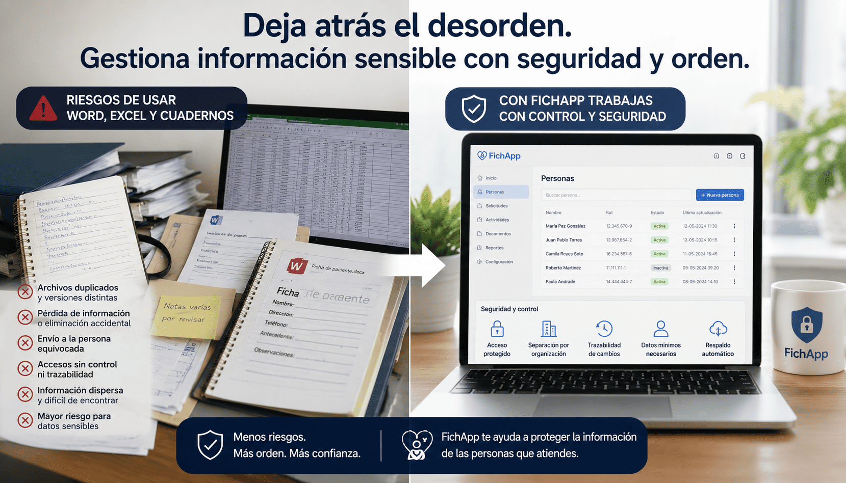 Comparación entre registros desordenados en Word, Excel y cuadernos frente a una plataforma segura para información sensible