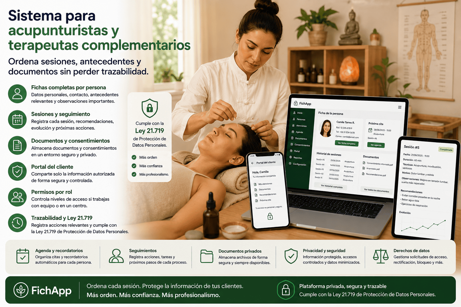 Acupunturista usando una plataforma segura para ordenar sesiones, antecedentes, documentos y seguimiento de personas atendidas