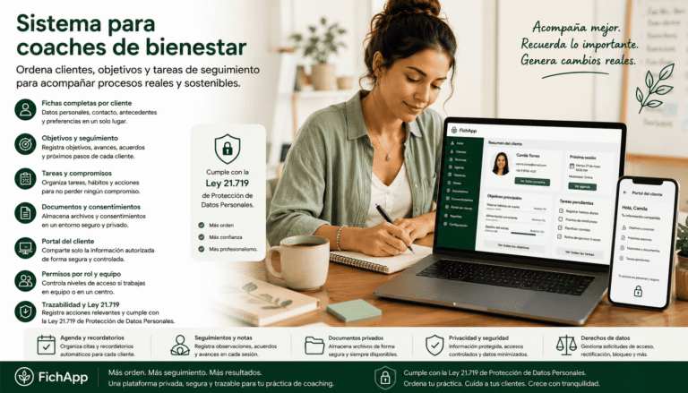 Coach de bienestar usando una plataforma segura para ordenar clientes, objetivos, tareas y seguimiento
