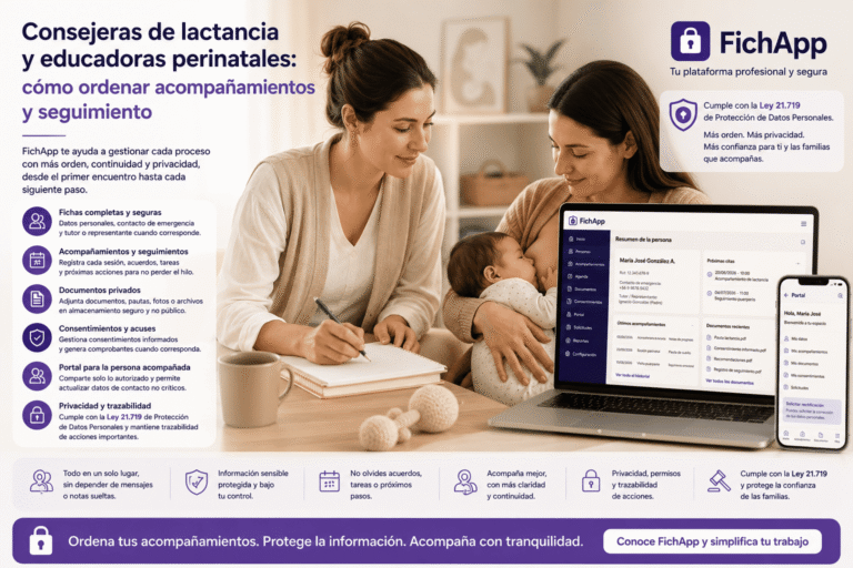 Consejera de lactancia usando una plataforma segura para ordenar acompañamientos, documentos, consentimientos y seguimiento perinatal