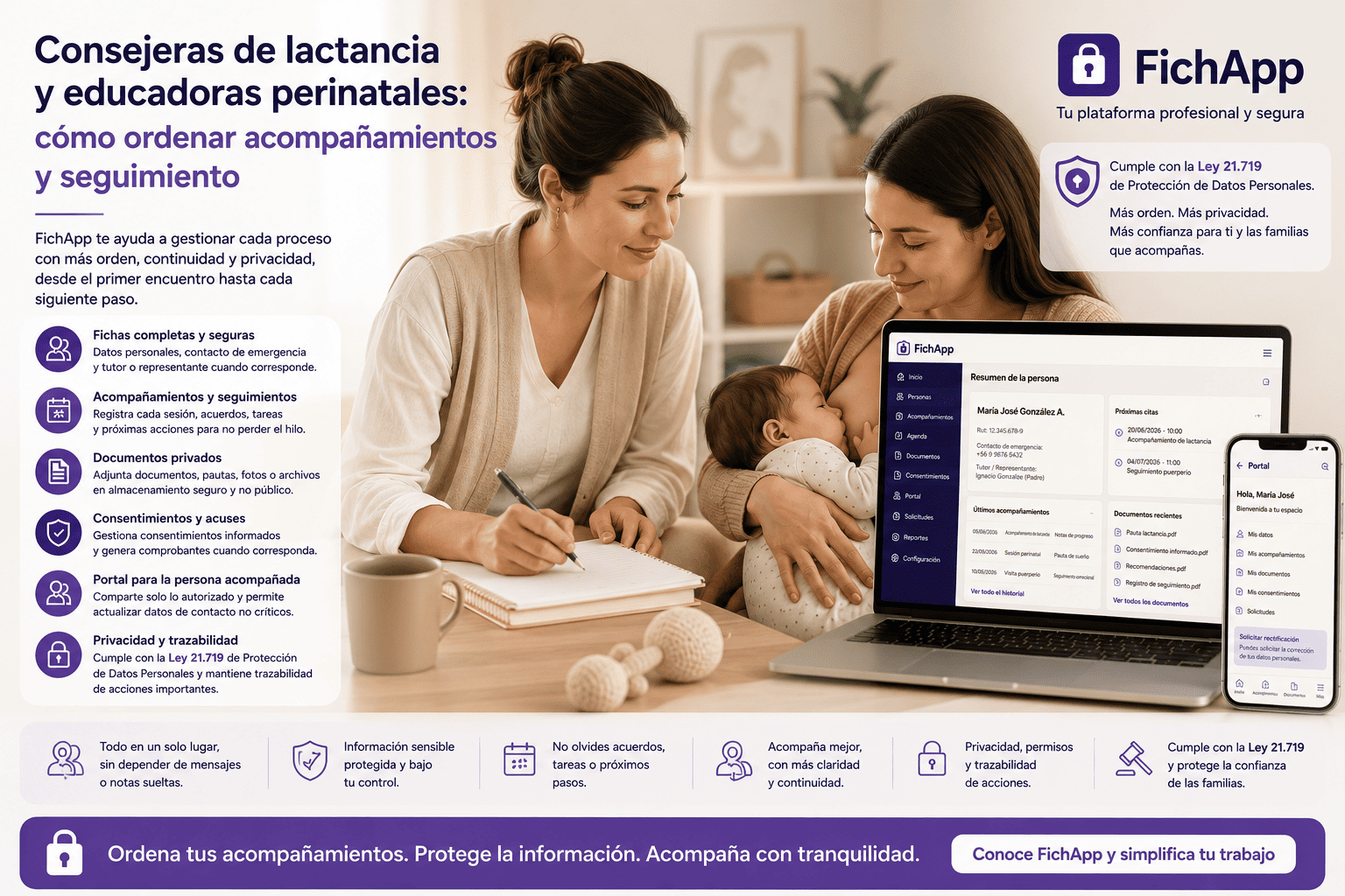 Consejera de lactancia usando una plataforma segura para ordenar acompañamientos, documentos, consentimientos y seguimiento perinatal