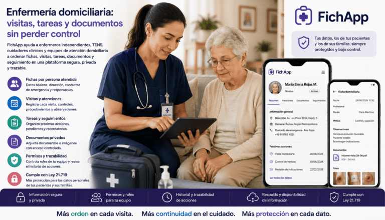 Enfermera domiciliaria usando una plataforma segura para registrar visitas, tareas, documentos y seguimiento de pacientes