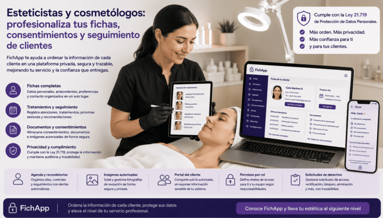 Esteticista usando una plataforma segura para ordenar fichas, tratamientos, consentimientos y seguimiento de clientes