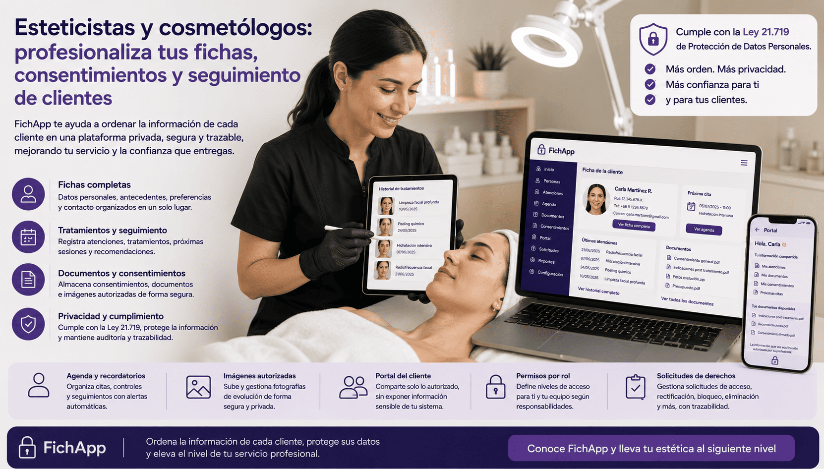 Esteticista usando una plataforma segura para ordenar fichas, tratamientos, consentimientos y seguimiento de clientes