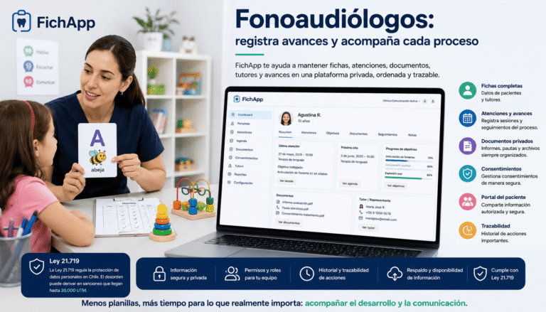 Fonoaudióloga usando una plataforma segura para registrar avances, atenciones, documentos y tutores de pacientes