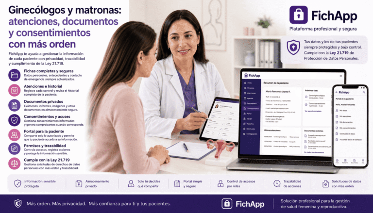 Ginecóloga usando una plataforma segura para ordenar atenciones, documentos, consentimientos y datos de pacientes