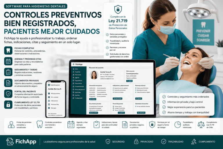 Higienista dental usando una plataforma segura para ordenar controles preventivos, fichas, indicaciones, citas y seguimiento de pacientes