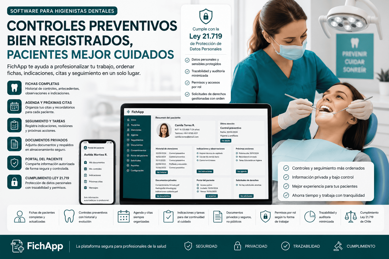 Higienista dental usando una plataforma segura para ordenar controles preventivos, fichas, indicaciones, citas y seguimiento de pacientes