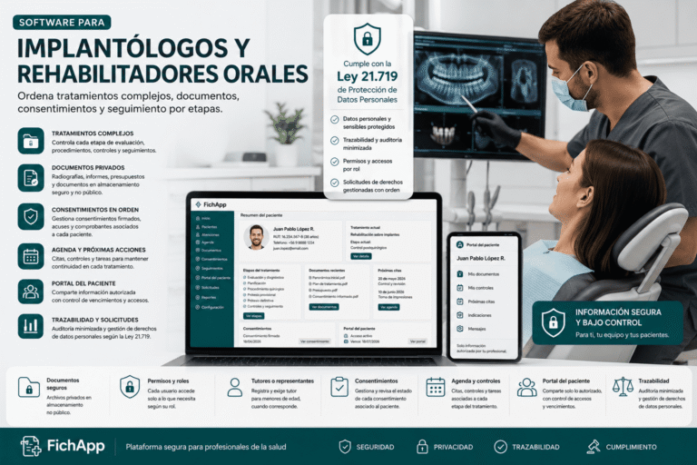 Implantólogo usando una plataforma segura para ordenar tratamientos complejos, documentos, consentimientos y seguimiento odontológico