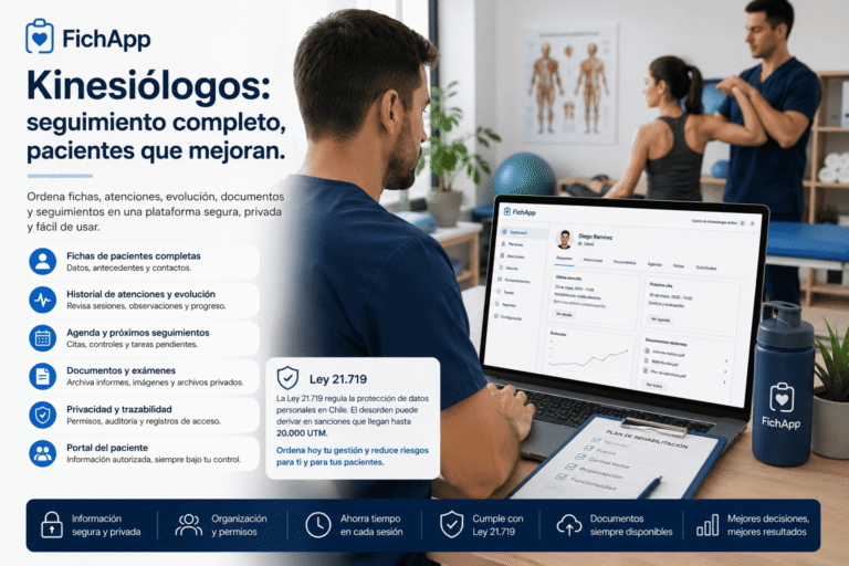 Kinesiólogo usando una plataforma segura para ordenar fichas, atenciones, evolución y documentos de pacientes