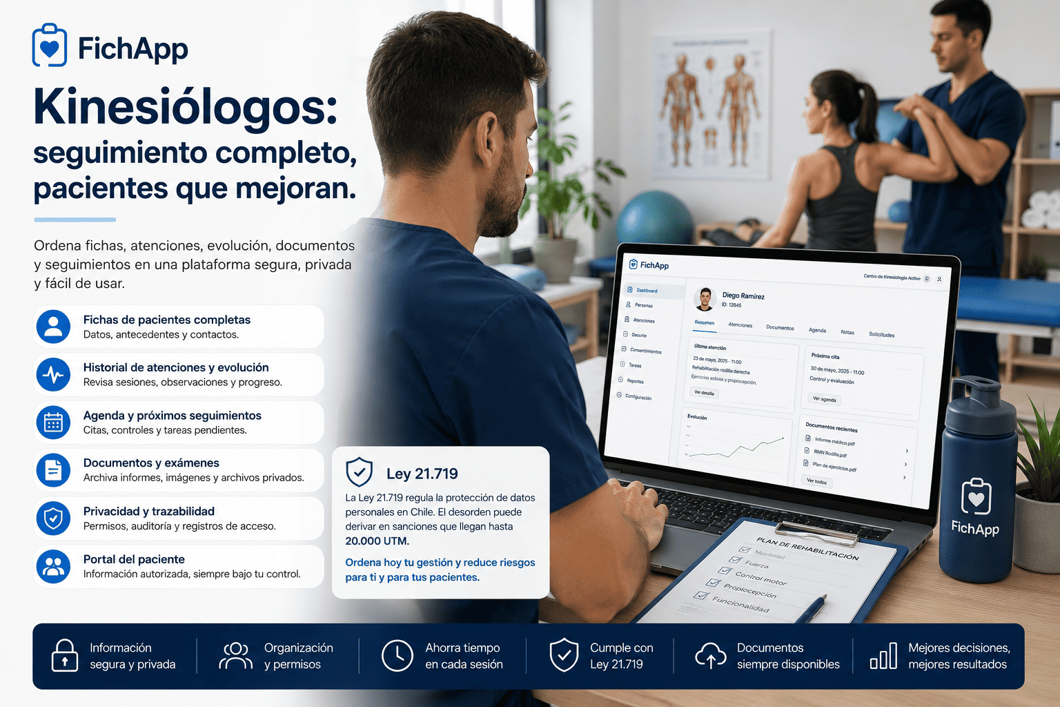 Kinesiólogo usando una plataforma segura para ordenar fichas, atenciones, evolución y documentos de pacientes
