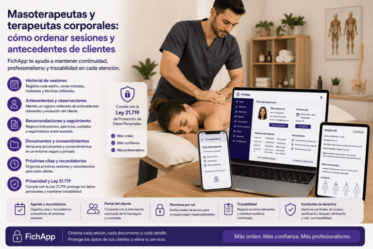 Masoterapeuta usando una plataforma segura para ordenar sesiones, antecedentes, documentos y seguimiento de clientes