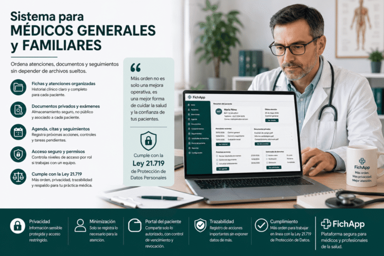 Médico general usando una plataforma segura para ordenar atenciones, documentos, consentimientos y seguimiento de pacientes