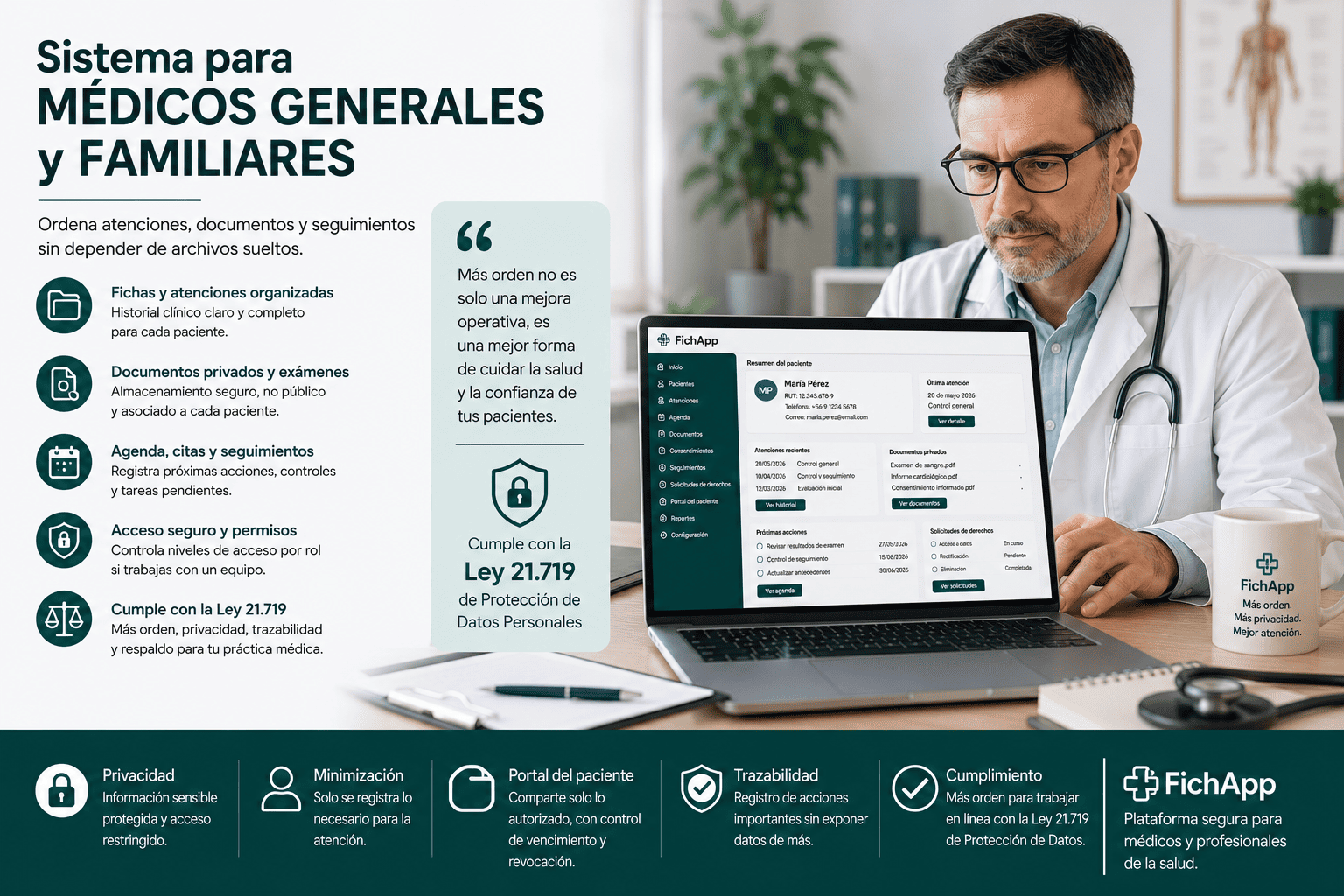 Médico general usando una plataforma segura para ordenar atenciones, documentos, consentimientos y seguimiento de pacientes