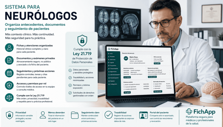 Neurólogo usando una plataforma segura para ordenar antecedentes, documentos, exámenes y seguimiento de pacientes