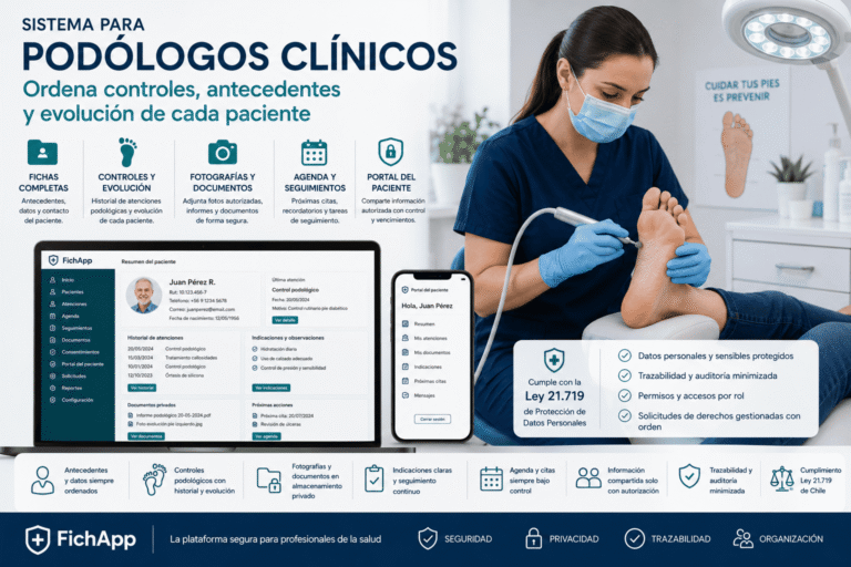 Podóloga clínica usando una plataforma segura para ordenar controles, antecedentes, fotografías autorizadas y evolución de pacientes