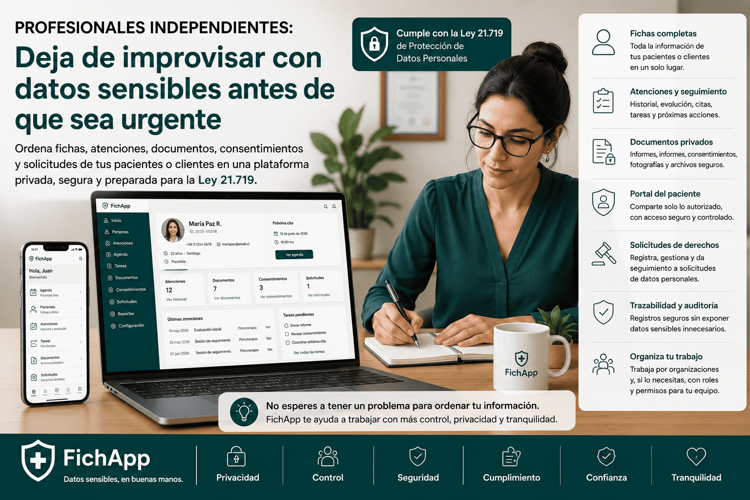 Profesional independiente usando una plataforma segura para ordenar fichas, atenciones, documentos, consentimientos y datos sensibles