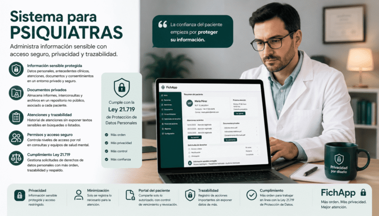 Psiquiatra usando una plataforma segura para administrar información sensible, documentos, consentimientos y trazabilidad de pacientes