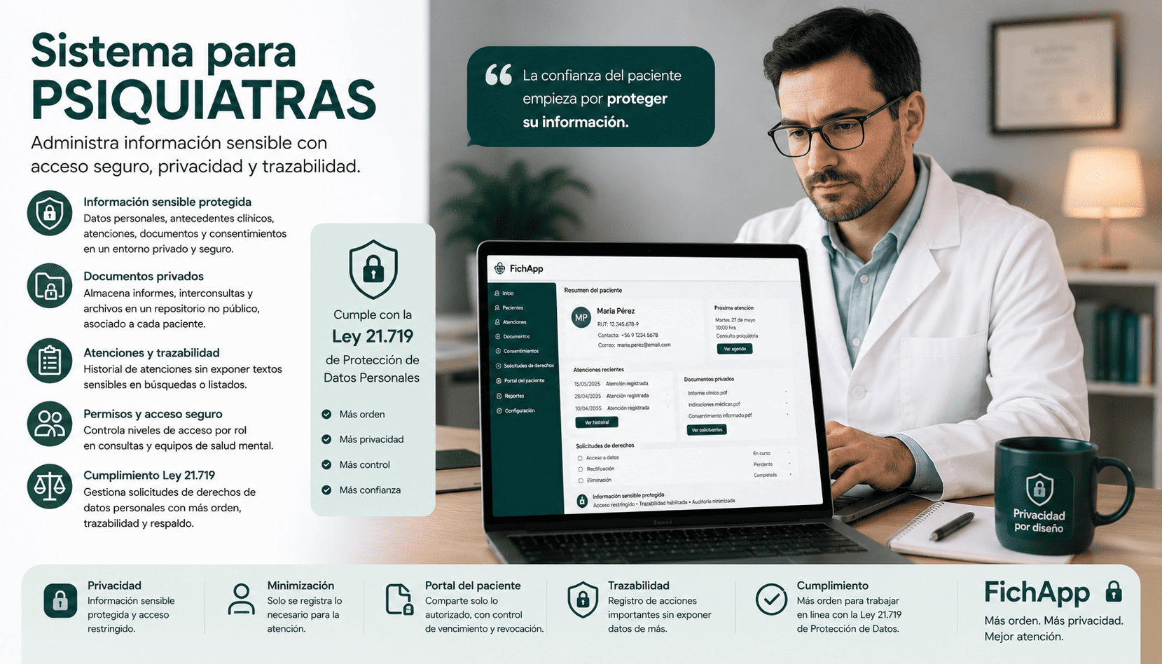 Psiquiatra usando una plataforma segura para administrar información sensible, documentos, consentimientos y trazabilidad de pacientes