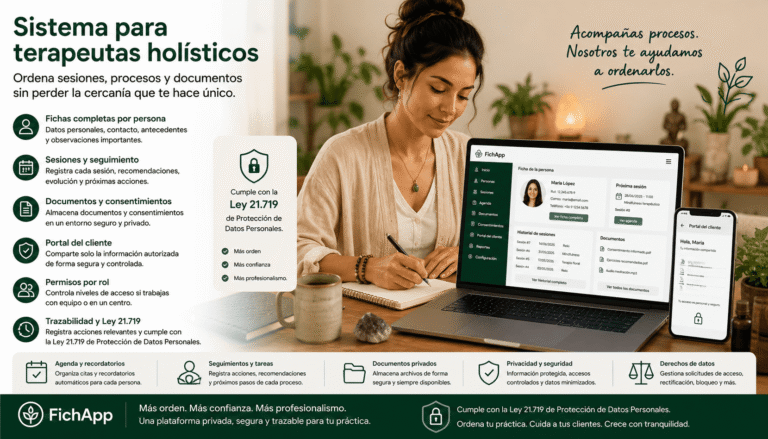 Terapeuta holística usando una plataforma segura para ordenar sesiones, documentos, consentimientos y seguimiento de clientes