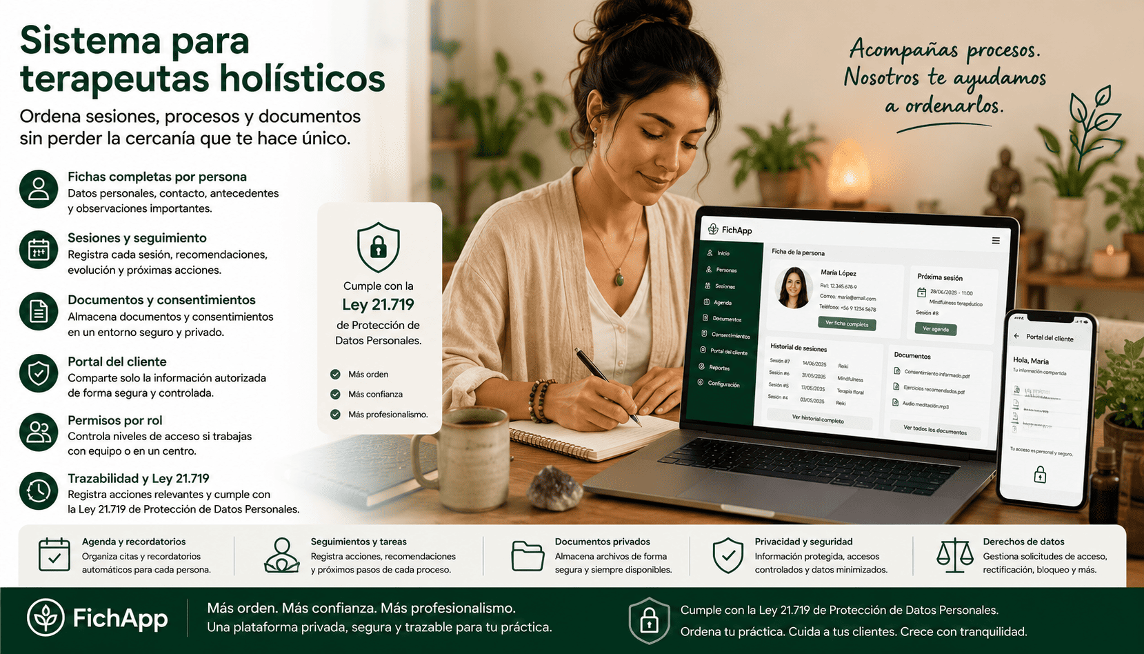 Terapeuta holística usando una plataforma segura para ordenar sesiones, documentos, consentimientos y seguimiento de clientes