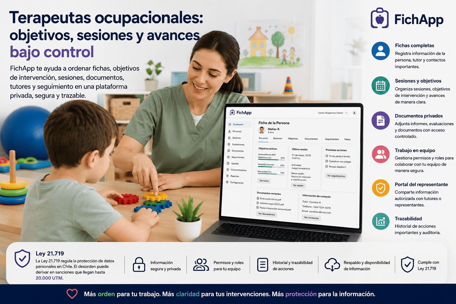 Terapeuta ocupacional usando una plataforma segura para ordenar objetivos, sesiones, documentos y avances de una persona atendida