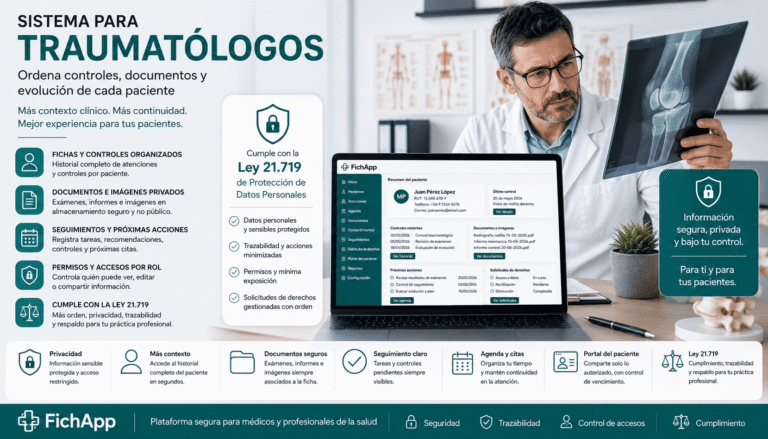Traumatólogo usando una plataforma segura para ordenar controles, exámenes, documentos y evolución de pacientes
