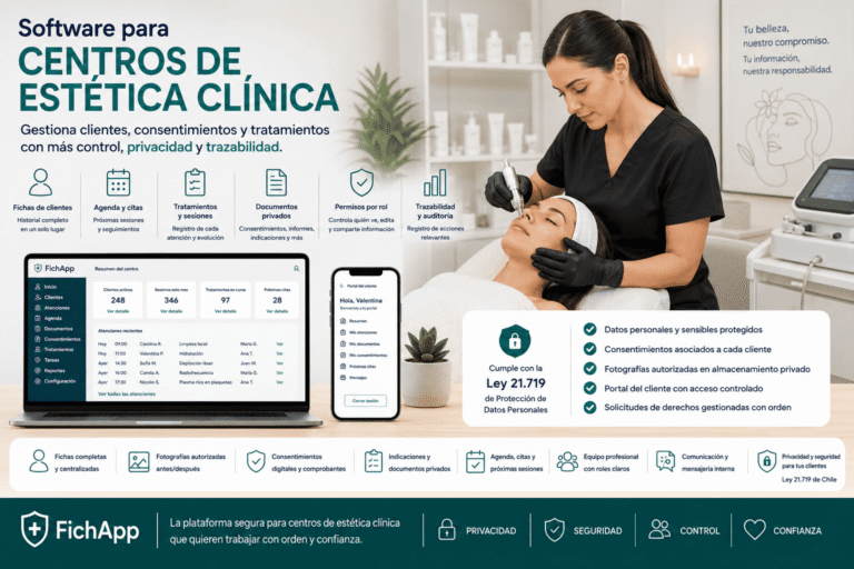 Centro de estética clínica usando una plataforma segura para gestionar clientes, tratamientos, consentimientos, fotografías autorizadas y seguimiento