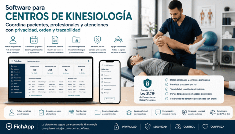 Centro de kinesiología usando una plataforma segura para coordinar pacientes, profesionales, atenciones, documentos y seguimiento