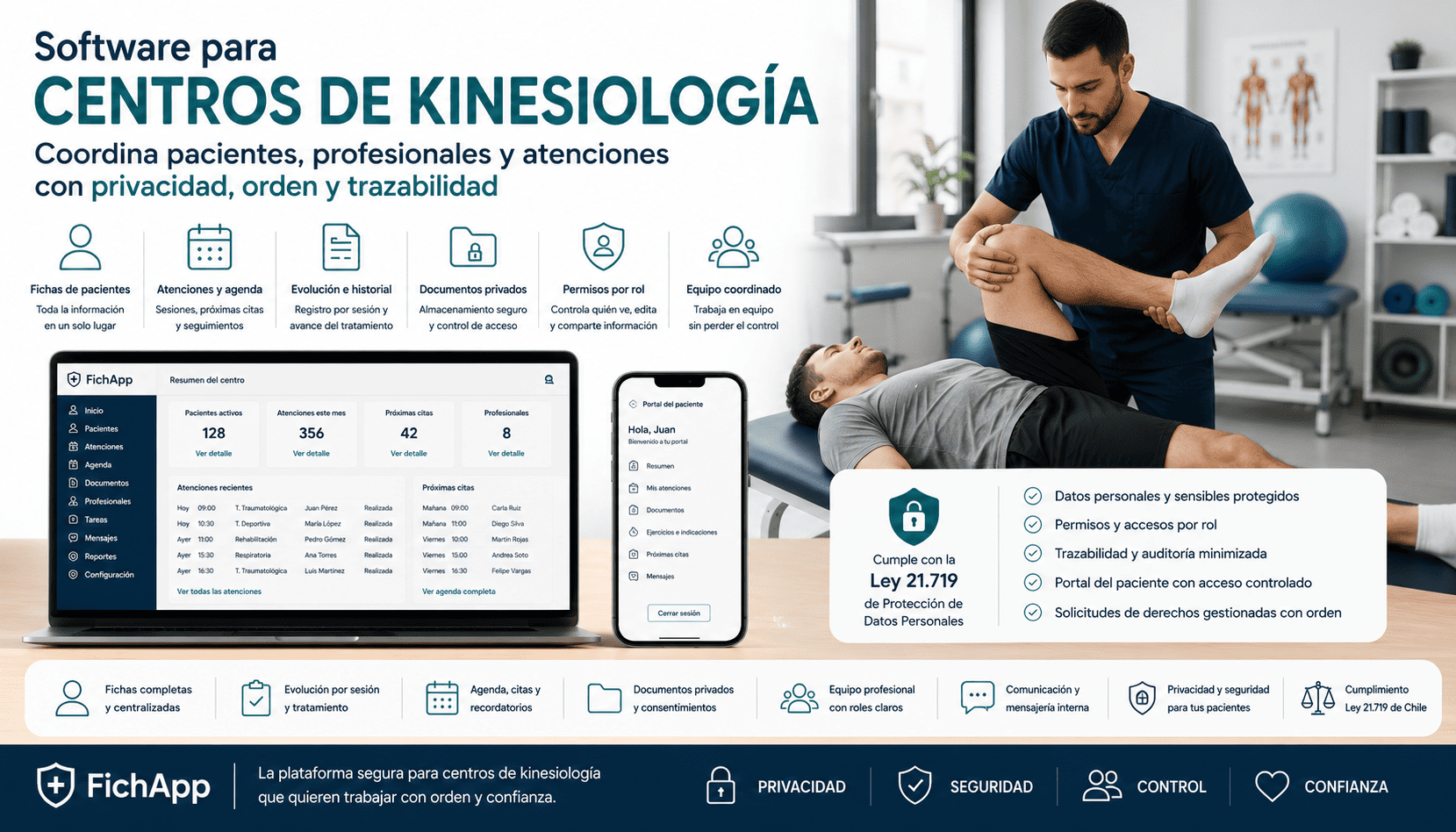 Centro de kinesiología usando una plataforma segura para coordinar pacientes, profesionales, atenciones, documentos y seguimiento