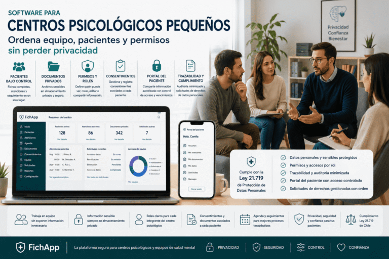 Centro psicológico pequeño usando una plataforma segura para ordenar pacientes, equipo, permisos, documentos y privacidad