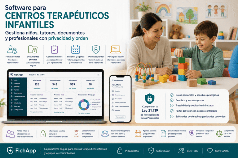 Centro terapéutico infantil usando una plataforma segura para gestionar niños, tutores, documentos, profesionales y permisos