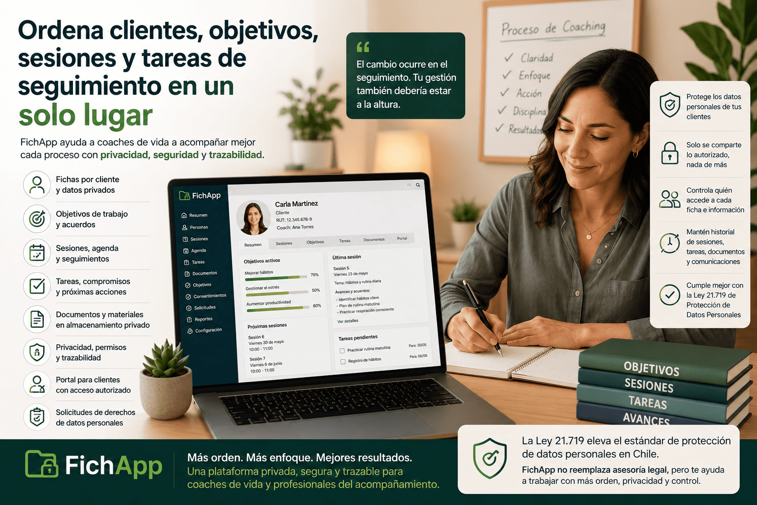 Coach de vida usando una plataforma segura para ordenar clientes, objetivos, sesiones, tareas, documentos y seguimiento