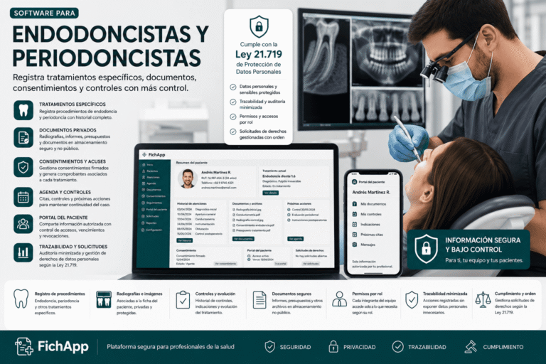 Endodoncista usando una plataforma segura para registrar tratamientos específicos, documentos, consentimientos y controles de pacientes