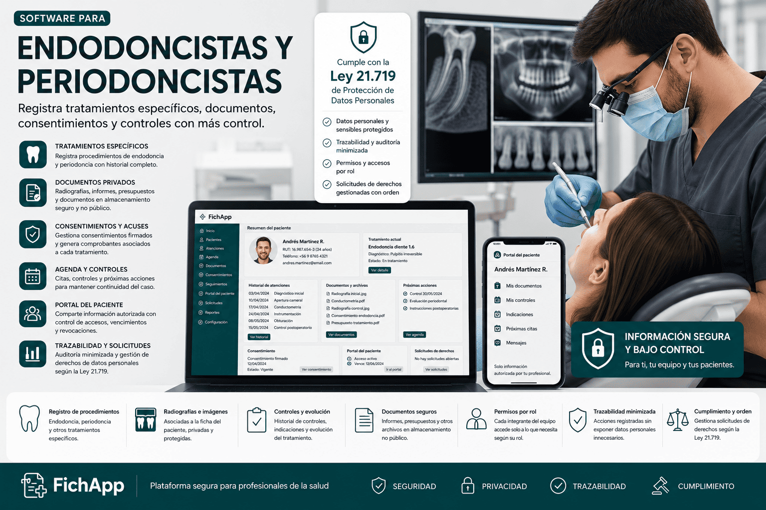Endodoncista usando una plataforma segura para registrar tratamientos específicos, documentos, consentimientos y controles de pacientes