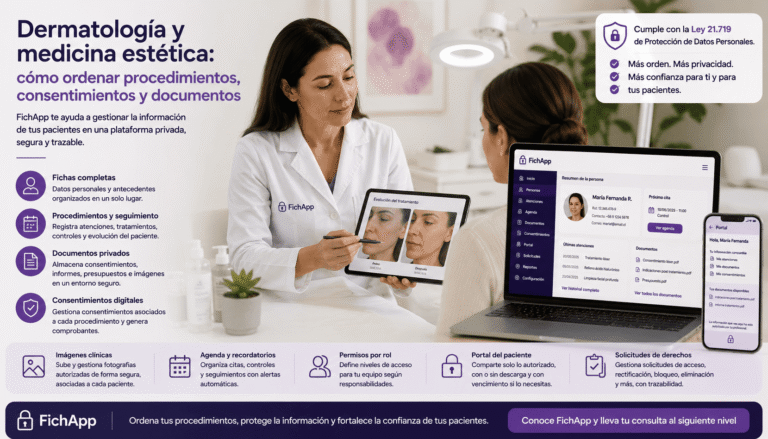 Dermatóloga usando una plataforma segura para ordenar procedimientos, documentos, consentimientos e imágenes de pacientes