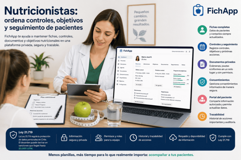 Nutricionista usando una plataforma segura para ordenar controles, objetivos, documentos y seguimiento de pacientes